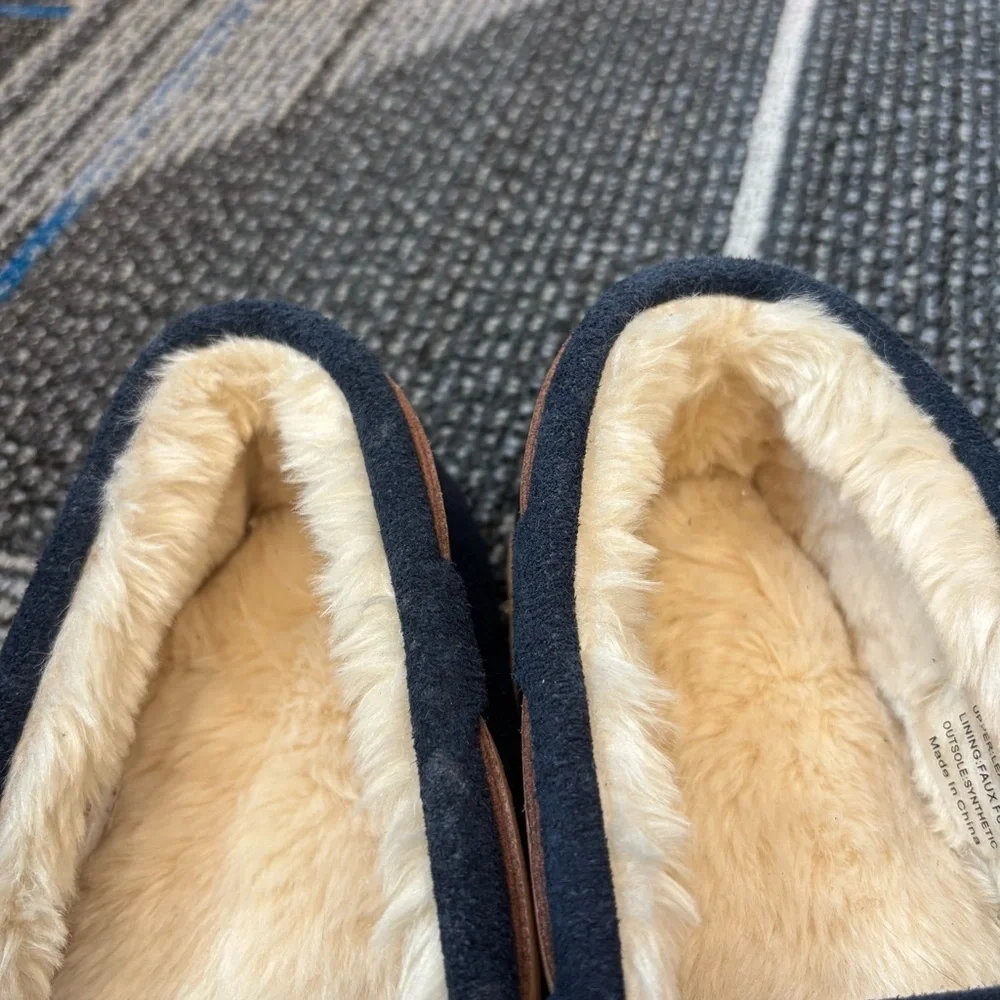 J Crew Men's 10 Navy Suede Slippers faux Fur Lined